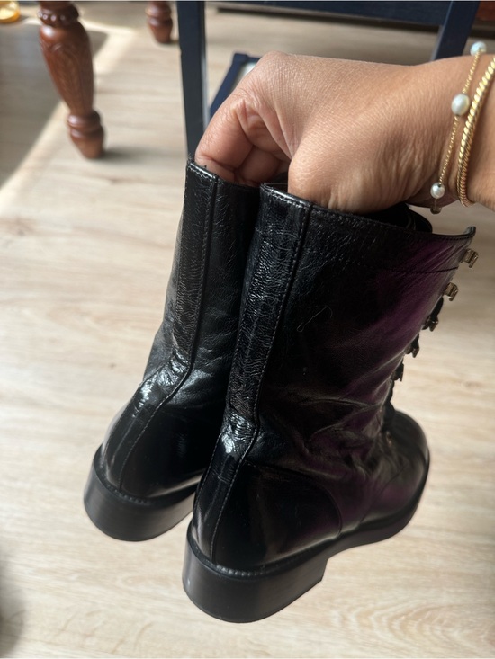 CHANEL Shoes - CHANEL Black Patent Lace-Up Ankle Boots